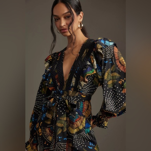 NWT Farm Rio x Anthropologie V-Neck Ruffle Printed Jumpsuit - Picture 4 of 4